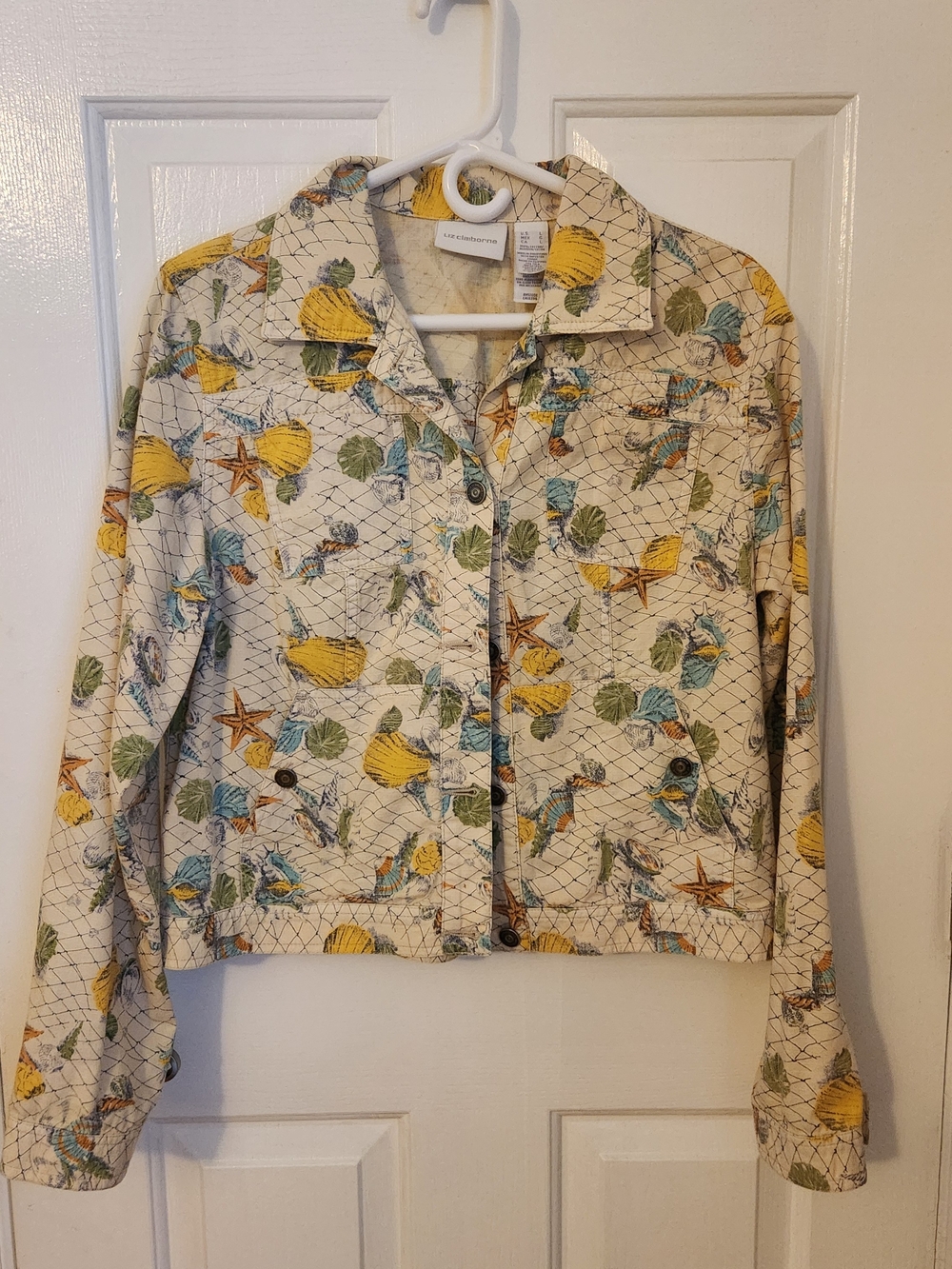 Liz Claiborne Printed Cream Jean Jacket with Seashell & Starfish Motif